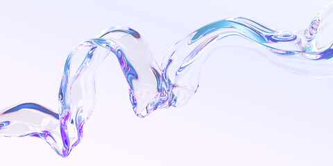 3d abstract liquid glass transparent clear ribbon water wave line render. iridescent fluid flow curv