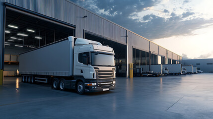 A truck fleet parked at a warehouse, ready for loading and distribution, illustrating the logistics process of goods delivery 