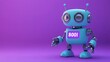 © Chingiz - An adorable robot holding a 404 error sign, isolated on a purple backdrop.