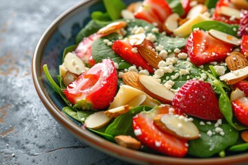 Poster - Spinach strawberry cheese almond salad on close up table view