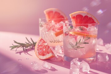 Canvas Print - Two stylish glasses with grapefruit cocktail ice and rosemary on pink background