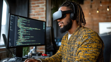 software developer immersed in virtual reality experience, wearing VR headset while coding on computer. environment is modern and tech focused, showcasing blend of creativity and technology