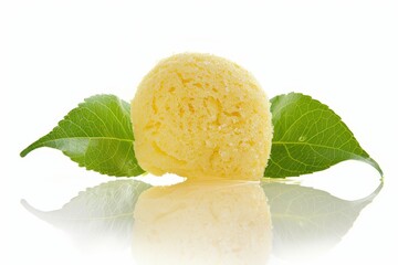 Yellow bath puff with two green leaves reflected on white background hygiene product