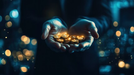 Hands of a business man stacking coins with a digital graphic display and economic development technology structures background wallpaper AI generated image