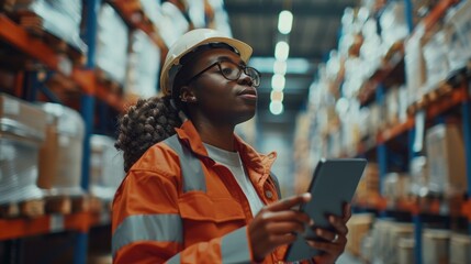 Female Engineer Using Tablet in Industrial Warehouse Setting