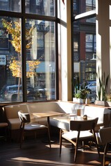 Wall Mural - A stylish coffee shop corner with modern furniture and large windows. Sunlight floods the area, perfect for people-watching