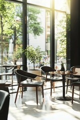 Wall Mural - A stylish coffee shop corner with modern furniture and large windows. Sunlight floods the area, perfect for people-watching