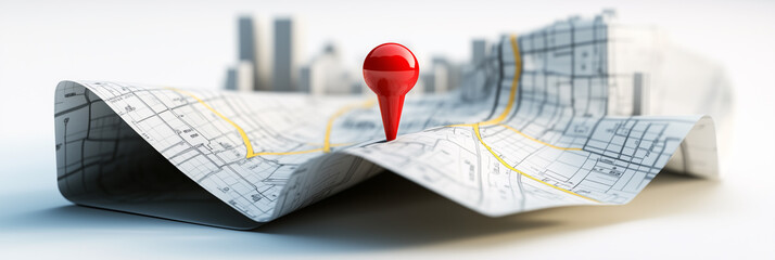 Wall Mural - red pin is marking a specific location on a 3d city map with buildings and a river