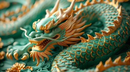 Wall Mural - An ethereal Chinese dragon symbolizing 2025 soars through a mystical haze, beautifully highlighted in gold and green against a textured backdrop. Perfect for festive New Year celebrations.