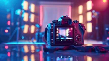 Vibrant Neon Lights Reflecting on Professional DSLR Camera