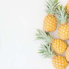 A vibrant arrangement of fresh pineapples against a light background, showcasing their textured skin and leafy tops.