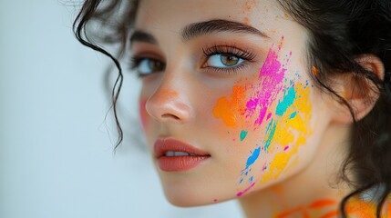 side view of A beautiful woman with colorful paint splattered on her face, white background, vibrant colors, professional photograph, magazine quality