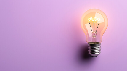 Illuminated incandescent light bulb on a soft purple background casting a subtle shadow to the side, symbolizing creativity and innovation.