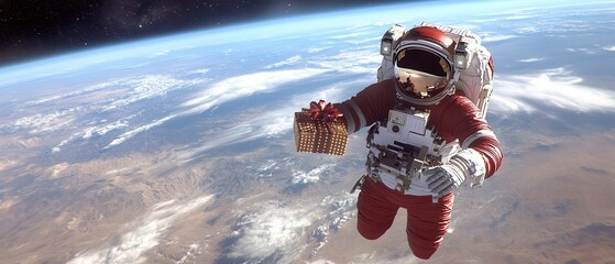 Wall Mural - Astronaut holding gift box in space.