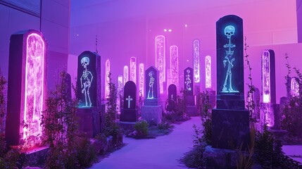 Wall Mural - A large-scale art installation featuring towering haunted gravestones, glowing skeletons, and neon ghostly apparitions under a purple sky