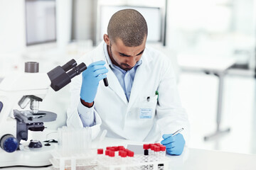 Man, scientist and blood at laboratory with tablet, vial and check notes for mpox vaccine trial. Person, liquid and container with thinking, ppe and application with stats, sample or medical research