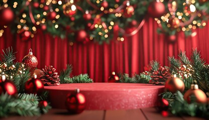 Wall Mural - A close-up of a red podium adorned with Christmas decorations, gifts, and a beautifully decorated New Year’s tree. 