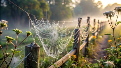 misty morning with spider webs and dew-kissed plants on a fence, natural textures, spider silk