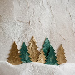 Wall Mural - An elegant minimalist scene featuring crumpled white vintage paper as the background, adorned with green paper trees. 