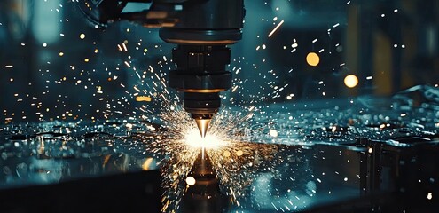 A laser-cut machine creating sparks of light, a close-up on the laser beam and the part being cut, a modern factory background with a copy space area for text. industrial and mechanical concept