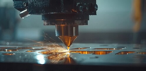 A laser-cut machine creating sparks of light, a close-up on the laser beam and the part being cut, a modern factory background with a copy space area for text. industrial and mechanical concept