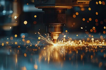 A laser-cut machine creating sparks of light, a close-up on the laser beam and the part being cut, a modern factory background with a copy space area for text. industrial and mechanical concept