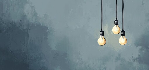 Vintage light bulbs hanging on a grey background with copy space. This creative idea represents the concept of creativity and innovation in business