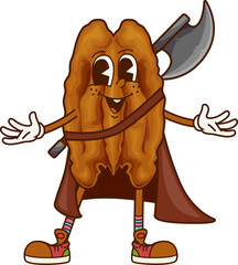 Poster - Groovy pecan nut superhero character. Cartoon vector healthy kernel personage dressed as a warrior, complete with brown cape and ax, exudes strength and bravery while holding a friendly defensive pose