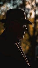 Sticker - Silhouette of a Man in a Hat at Sunset with Trees in the Background