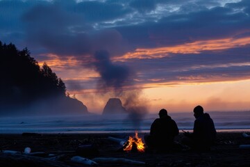 Wall Mural - Silhouetted friends camping on a remote beach