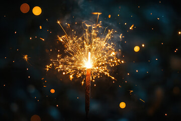 Festive fire sparkles on a dark background with golden bokeh. Bengal light in honor of the new year 2025. Generated by artificial intelligence