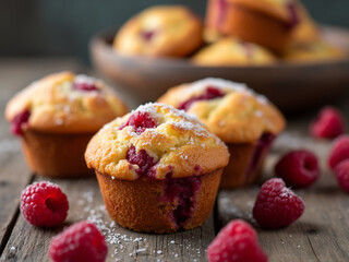 Wall Mural - Freshly baked raspberry muffins, dusted with powdered sugar, sit invitingly on a rustic wooden table.