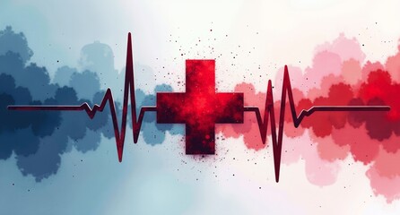 Wall Mural - Economic growth in red, white, and blue with dynamic brushstrokes, medical crosses, and heartbeat lines, symbolizing health in economic expansion.