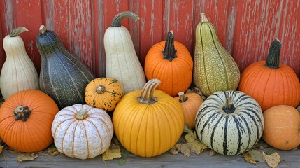 Sticker - A variety of pumpkins and squashes sit on a wooden surface.