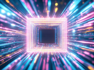 Wall Mural - 3d abstract neon background with glowing square and light beams