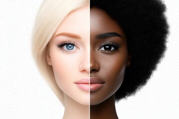 woman face, half is a beautiful model white woman with blue eyes and half is a beautiful model black woman with afro hair. They are identical apart from their racial features, like hair.