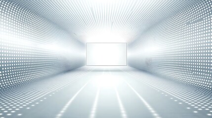 Abstract white and grey futuristic room with white glowing lines and a white glowing square in the middle.