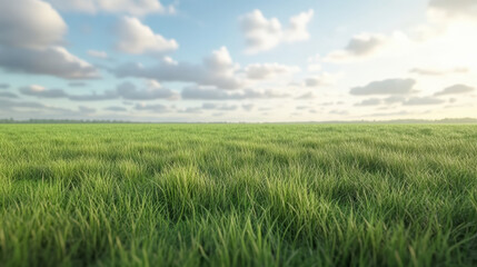 A serene landscape features a vast green field under a sky dotted with fluffy clouds, evoking a sense of tranquility and natural beauty.