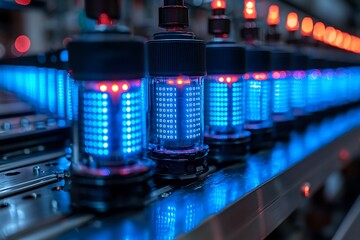 Blue and Red Lights Glowing on a Machine, Close-up