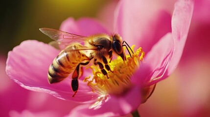 Sticker - A close-up of a bee pollinating a vibrant pink flower.