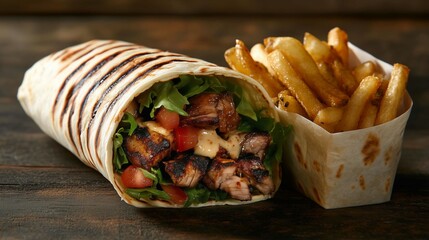 A close-up of a grilled taco wrap filled with grilled chicken or steak, perfectly cooked and juicy. Inside, two sauces--a creamy garlic sauce and a tangy barbecue sauce
