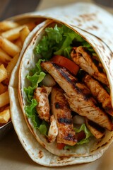 A close-up of a grilled taco wrap filled with grilled chicken or steak, perfectly cooked and juicy. Inside, two sauces--a creamy garlic sauce and a tangy barbecue sauce
