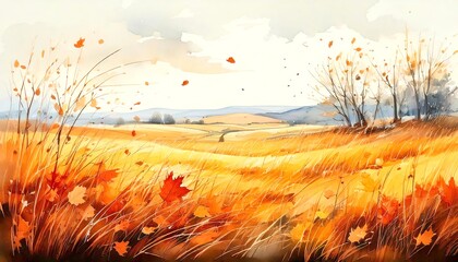 Wall Mural - Autumnal Serenity: A peaceful watercolor painting of a rolling landscape bathed in the warm hues and rich colors of autumn. Leaves swirling. Illustration. Drawing. Art. 4