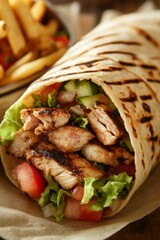 A close-up of a grilled taco wrap filled with grilled chicken or steak, perfectly cooked and juicy. Inside, two sauces--a creamy garlic sauce and a tangy barbecue sauce
