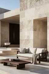 Wall Mural - Minimalist outside travertine living room with dark wood furniture and cashmere
