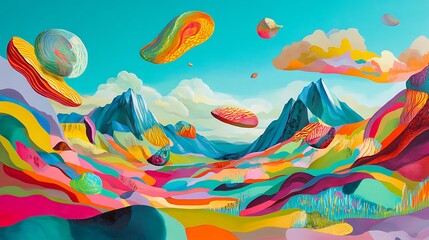 Surreal landscape with vibrant colors and floating shapes