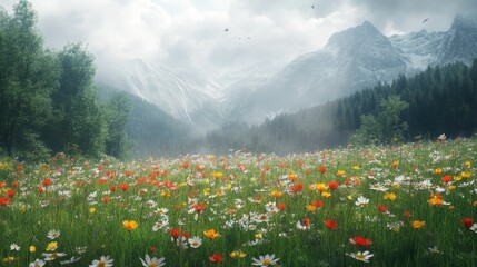 Sticker - A serene meadow with wildflowers.