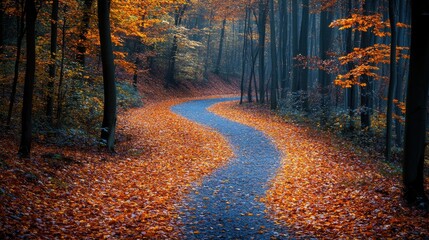 Sticker - A winding forest trail carpeted with vibrant fallen leaves.