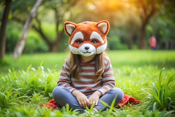 Girl wearing an animal mask, sitting on grass. She is wearing red panda mascot costume, quadrober concept