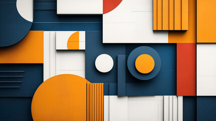 Wall Mural - Abstract geometric composition featuring overlapping three-dimensional shapes in blue, orange, white, and red tones creating a modern minimalistic design